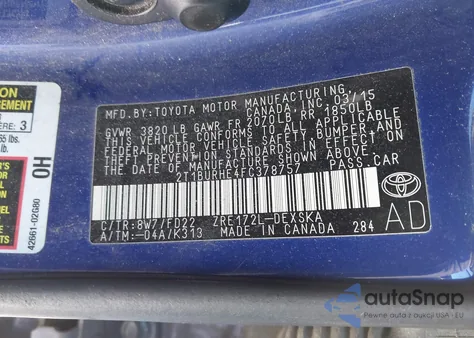 2015 Toyota Corolla S Plus from USA, damaged, VIN 2T1BURHE4FC378757